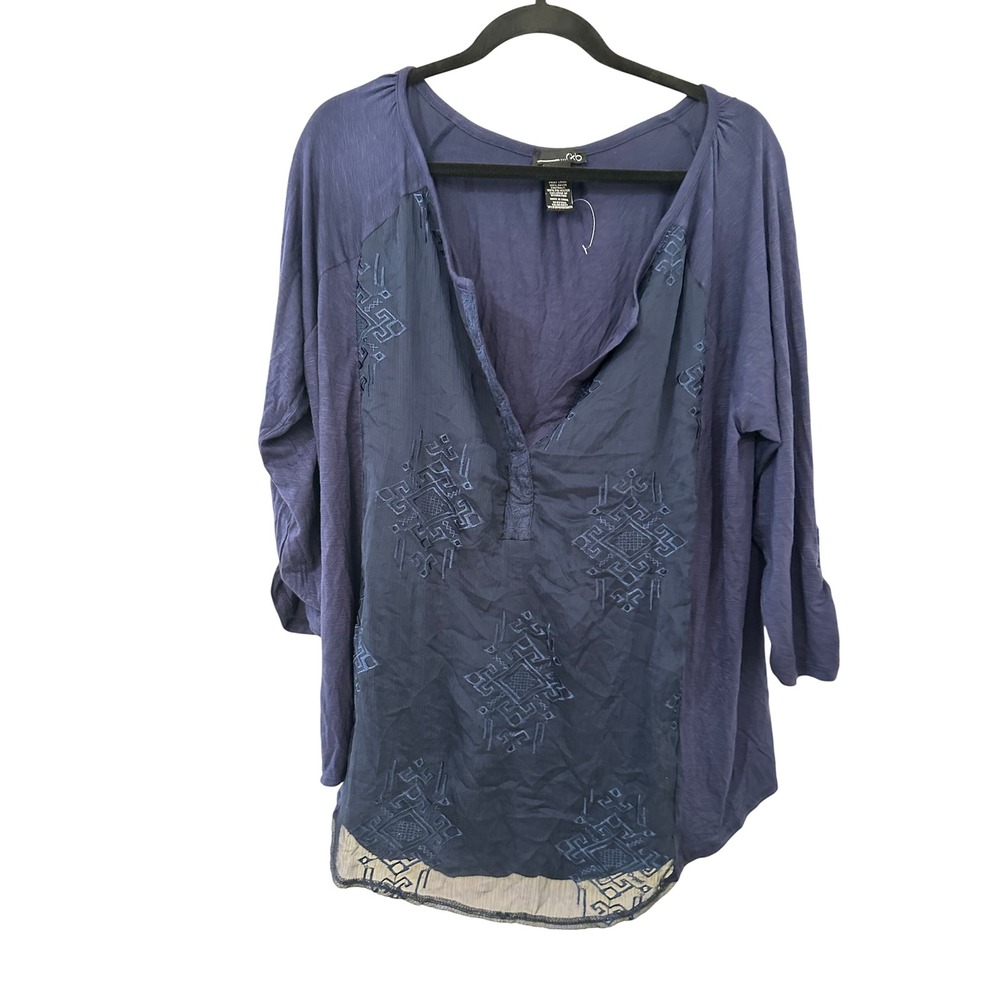 A.N.A Navy Blue Embroidered Henley Tunic Top XL Boho Roll Tab Sleeve Western